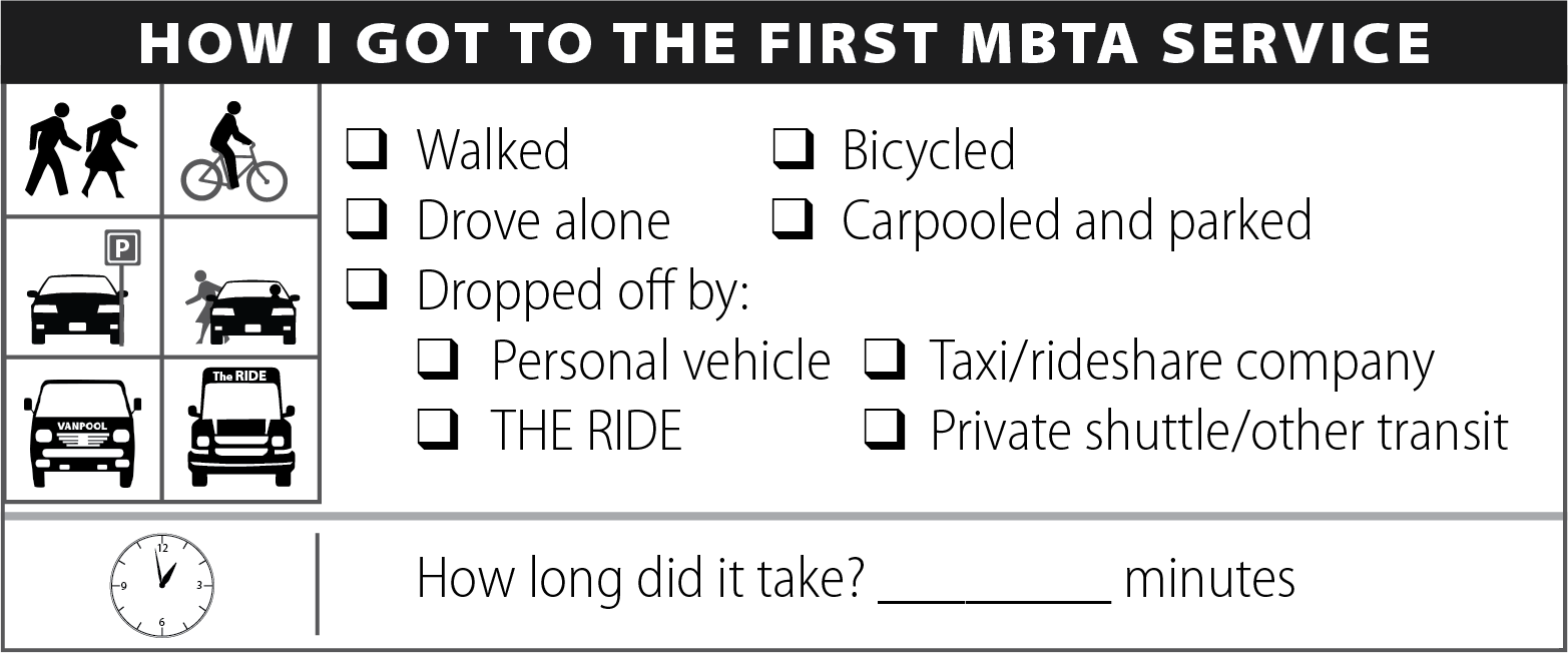 Figure 5 is an image of the section of the survey form that asked how the respondent got to the first MBTA service used in the trip being described. 